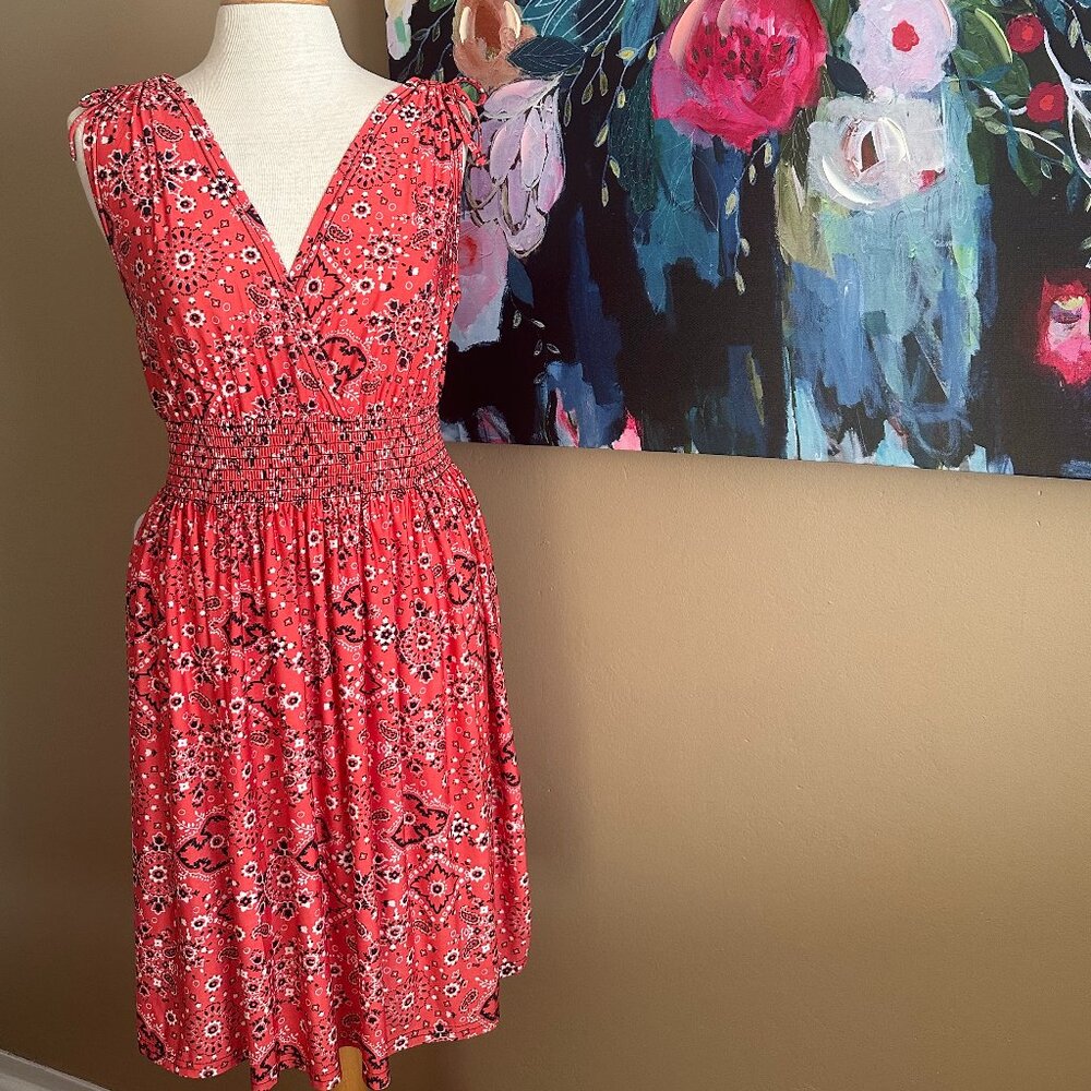 Lily Bandana Print Country Concert Dress L-XL Coral Red Smocked Waist Sundress